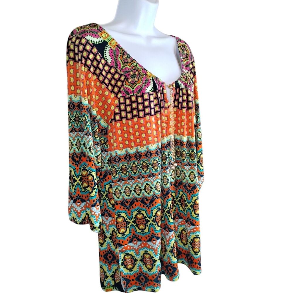Susan Lawrence BOHO Style Blouse 3/4 elastic Sleeve Chain V Neck Closure L - Picture 3 of 9